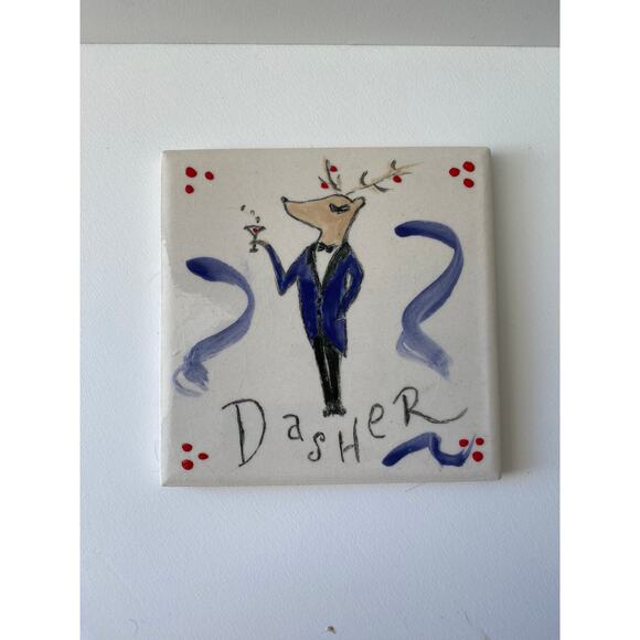 Handpainted Dasher ceramic tile, Santas reindeer, Holiday trivet - Picture 1 of 5